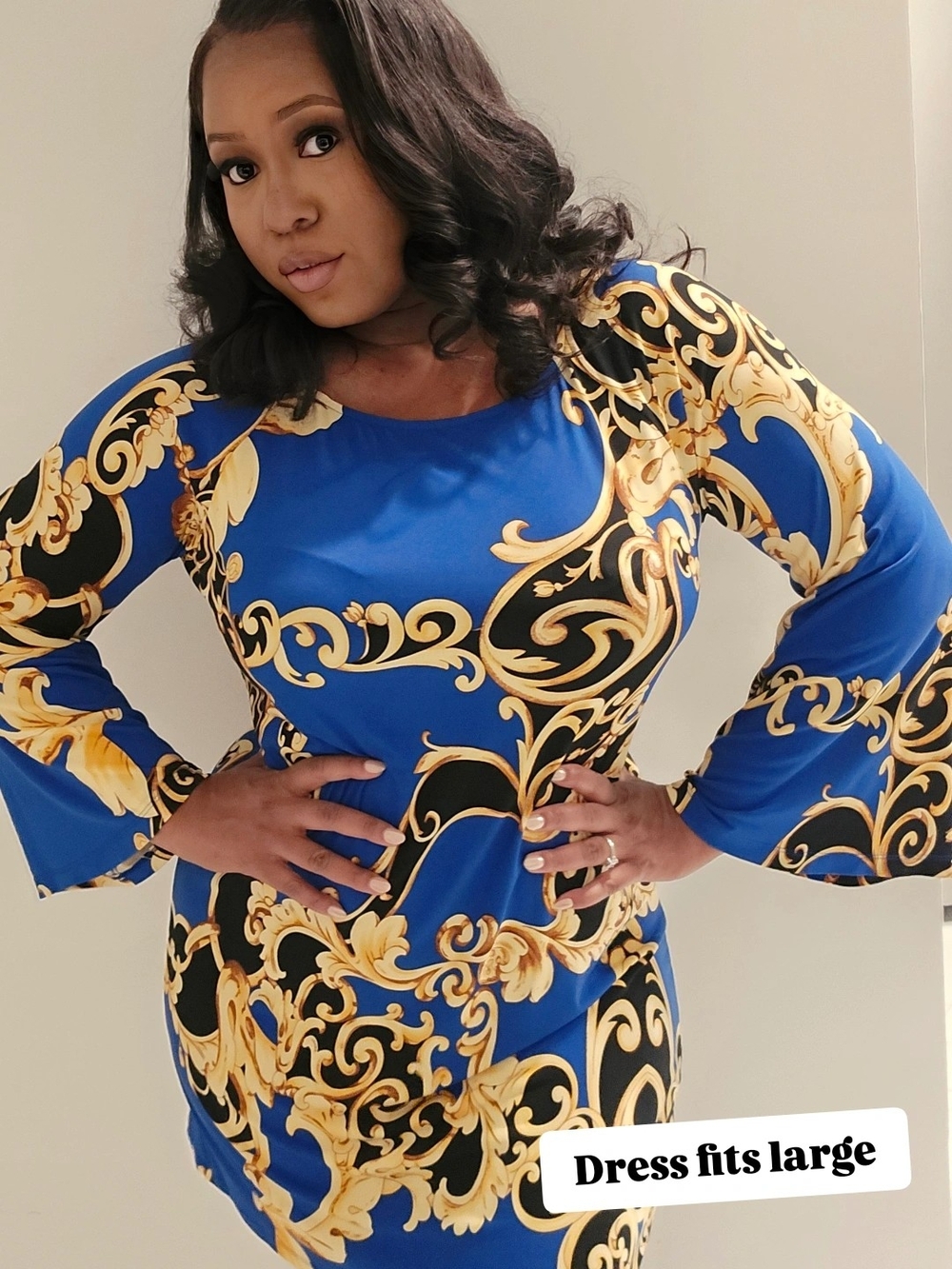Blue Baroque Print Long Sleeve Dress